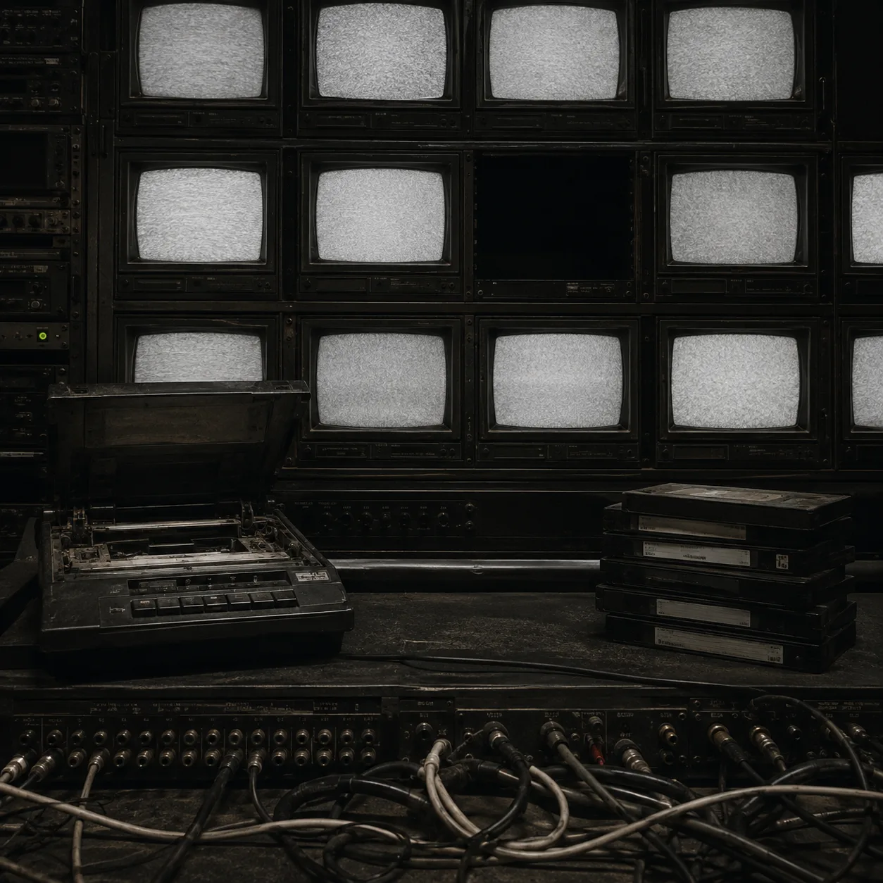 Archive control room with a wall of CRT monitors and videotapes