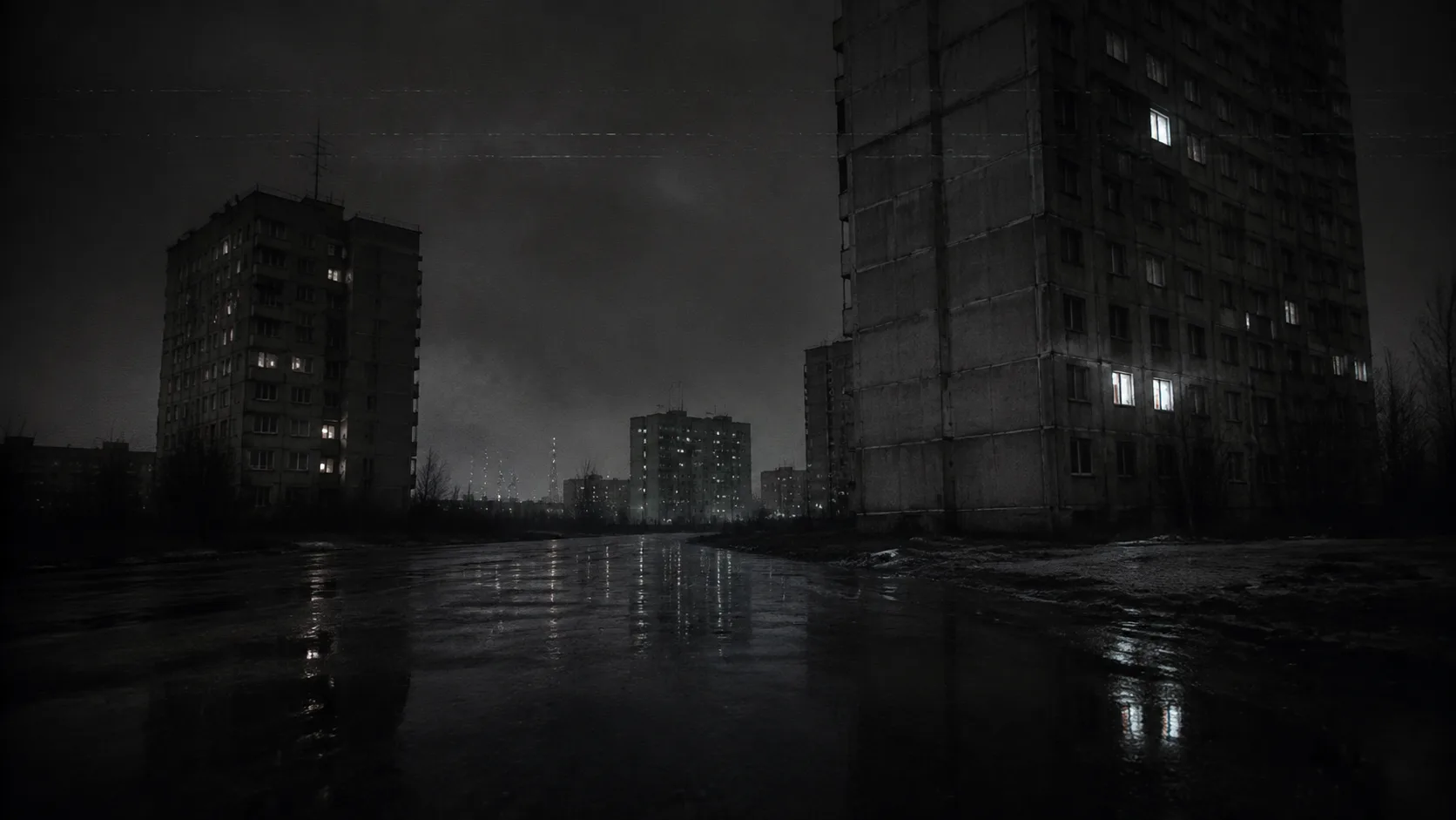 Empty residential district and wet road at night, archived signal frame